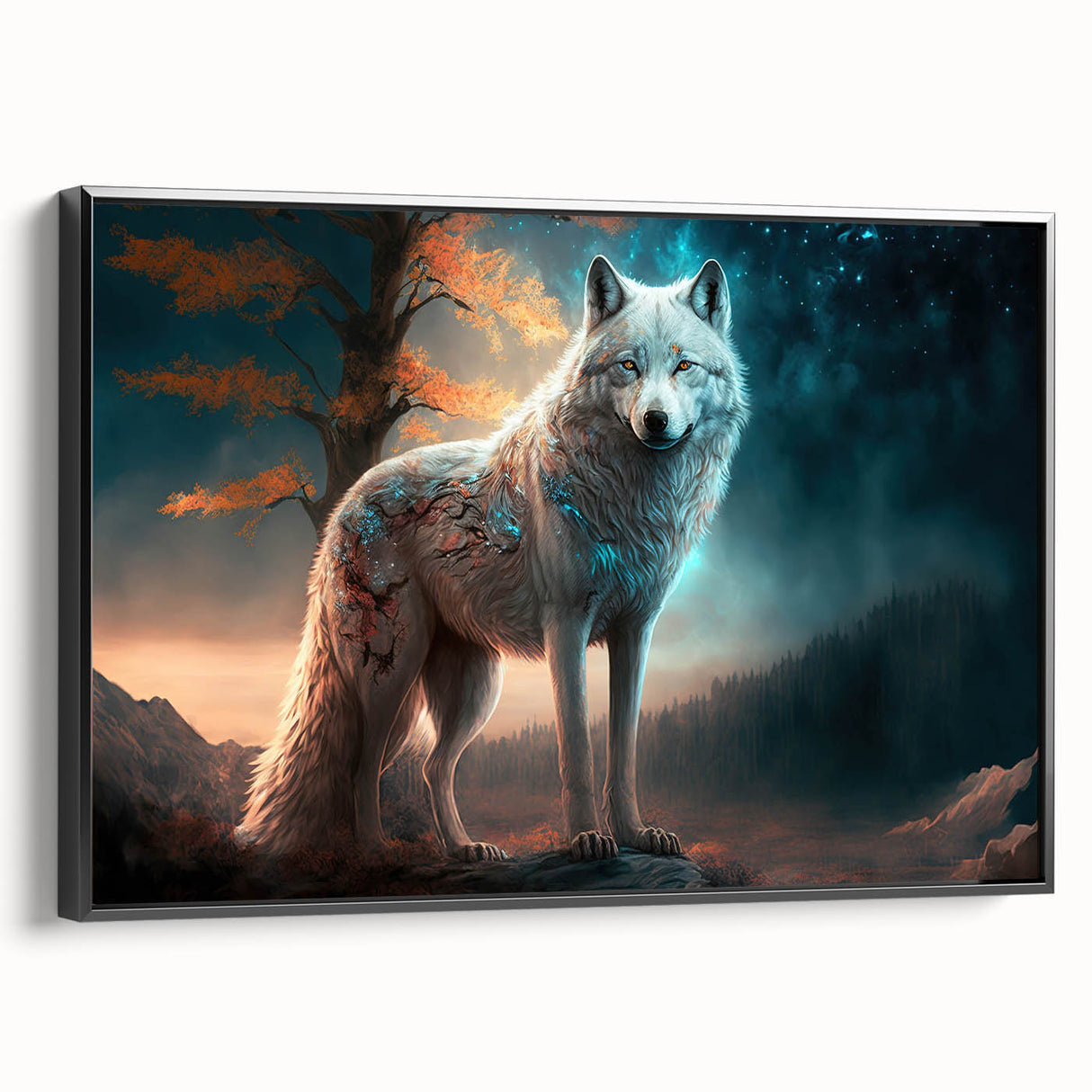 Framed wolf wall art design in black, showcasing a striking side profile of a wolf against a textured canvas, ideal for wildlife enthusiasts and modern decor.