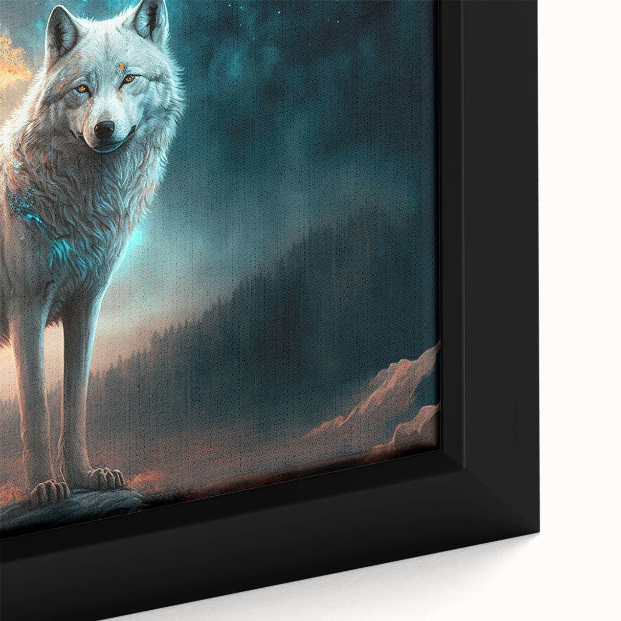 Close-up of a framed canvas print showcasing a striking wolf design from the "Animals of the Wild" collection, featuring intricate details and vibrant colors, perfect for nature lovers and home decor enthusiasts.