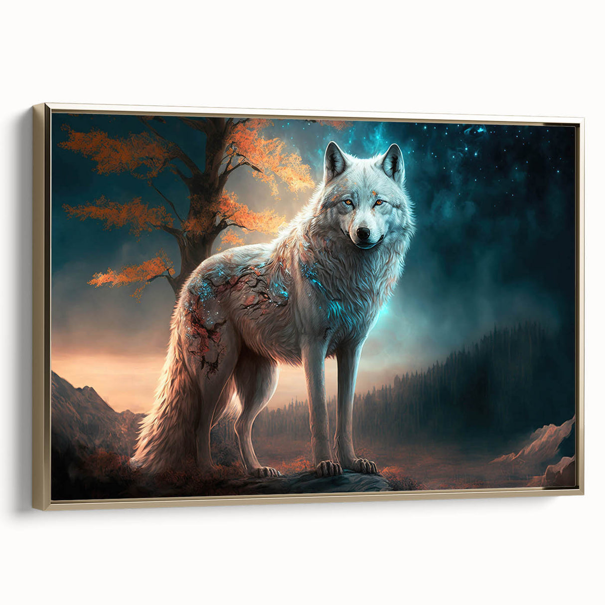 Framed canvas wall art depicting a majestic wolf in a wild landscape, featuring gold accents and intricate details; perfect for animal lovers and home decor enthusiasts.