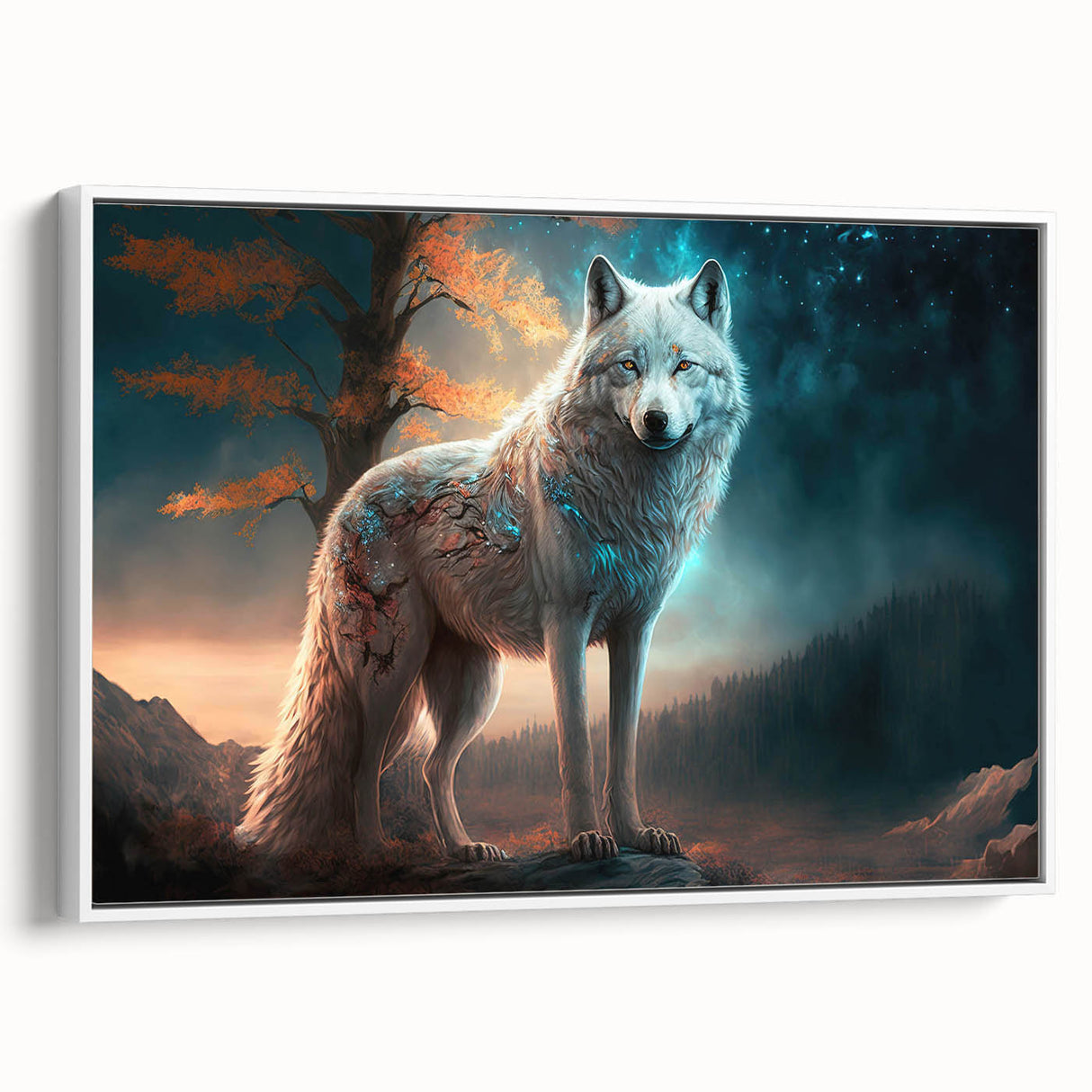 Framed wall art featuring a striking wolf design in a minimalist style, showcasing intricate details and vibrant colors against a white background, perfect for animal lovers and home decor enthusiasts.
