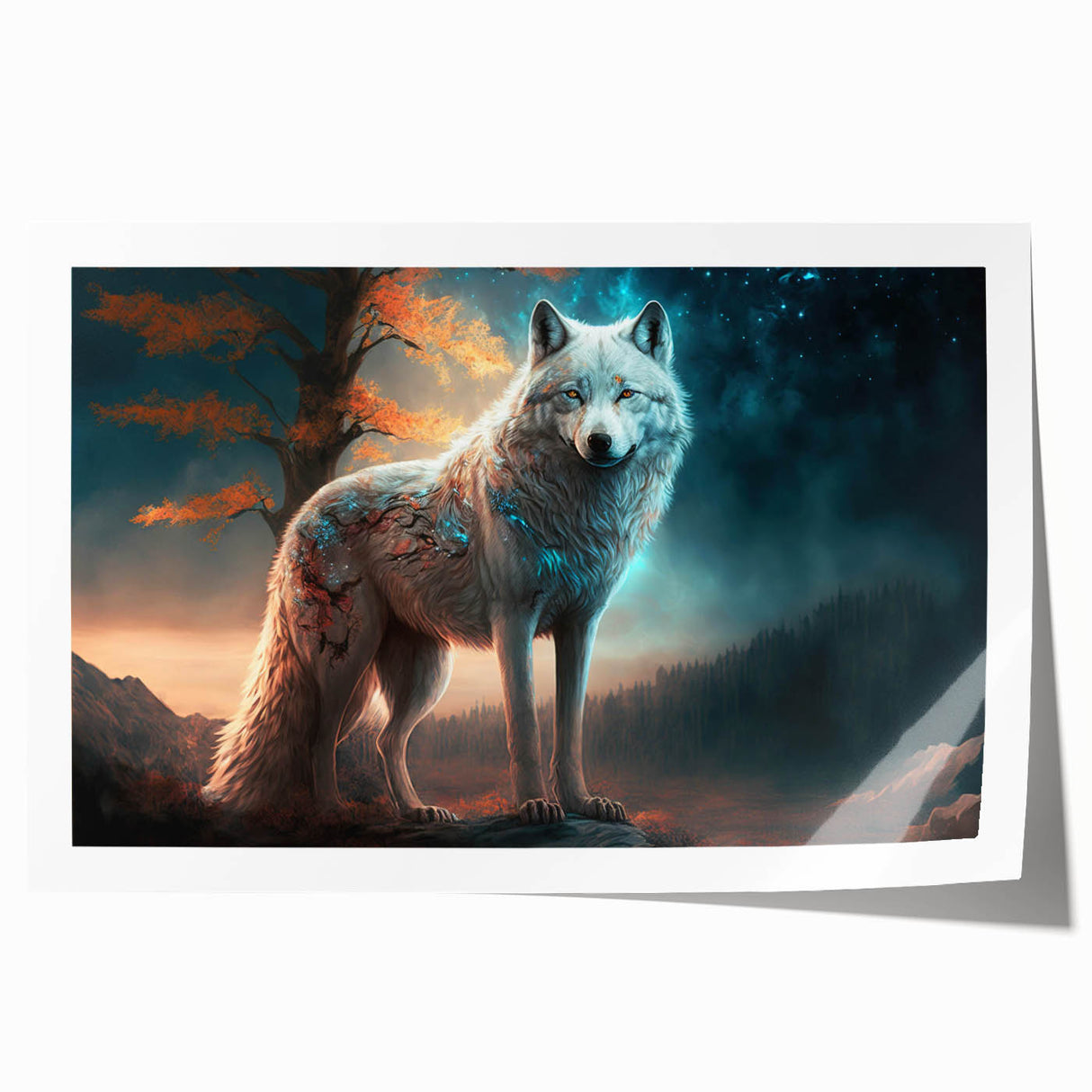 Wolf wall art print showcasing a majestic gray wolf surrounded by a lush forest, ideal for wildlife enthusiasts and home decor, rolled for easy display.