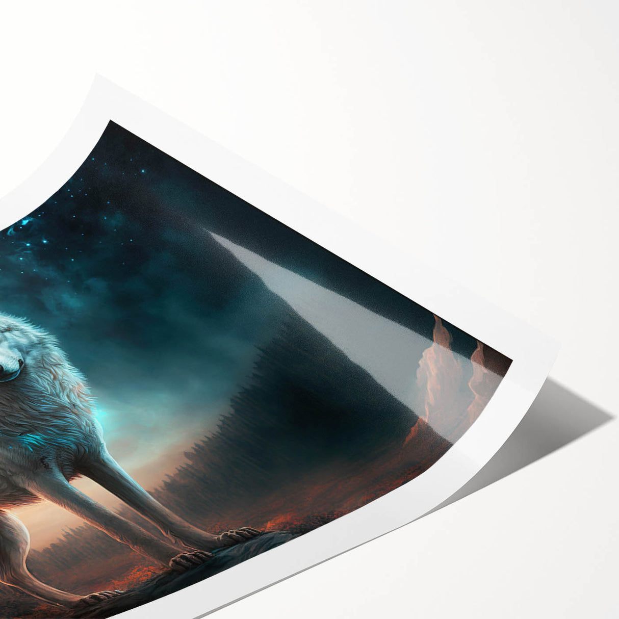 Majestic wolf wall art rolled print showcasing intricate detailing and vibrant colors, ideal for wildlife enthusiasts and home decor, presented in a protective tube.