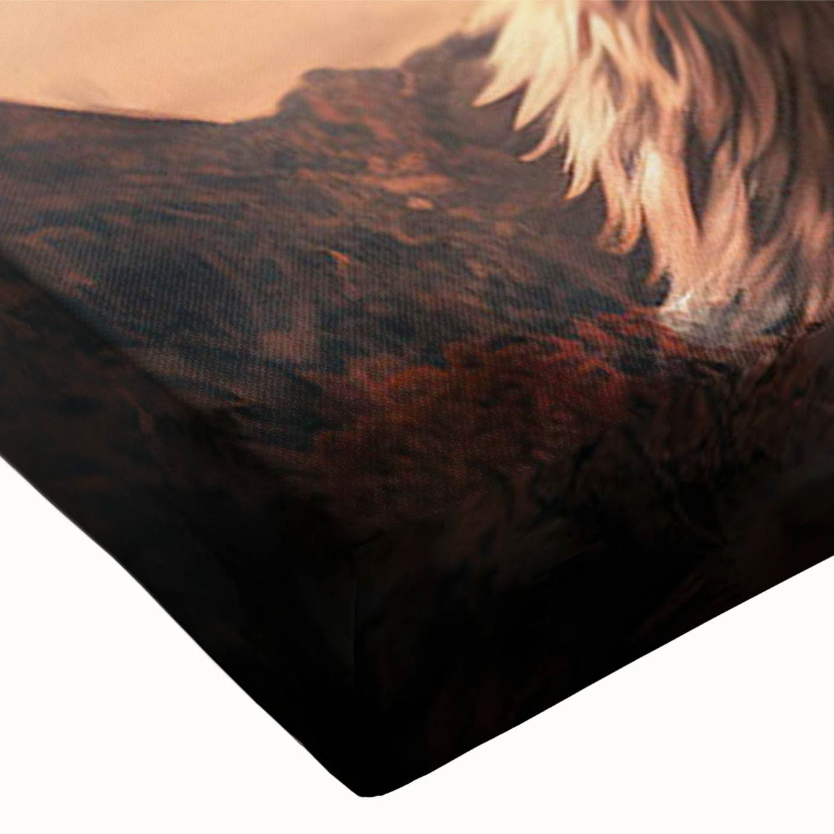 Close-up of a stretched canvas wall art featuring a detailed wolf design, showcasing intricate fur textures and a striking natural color palette, perfect for wildlife enthusiasts.