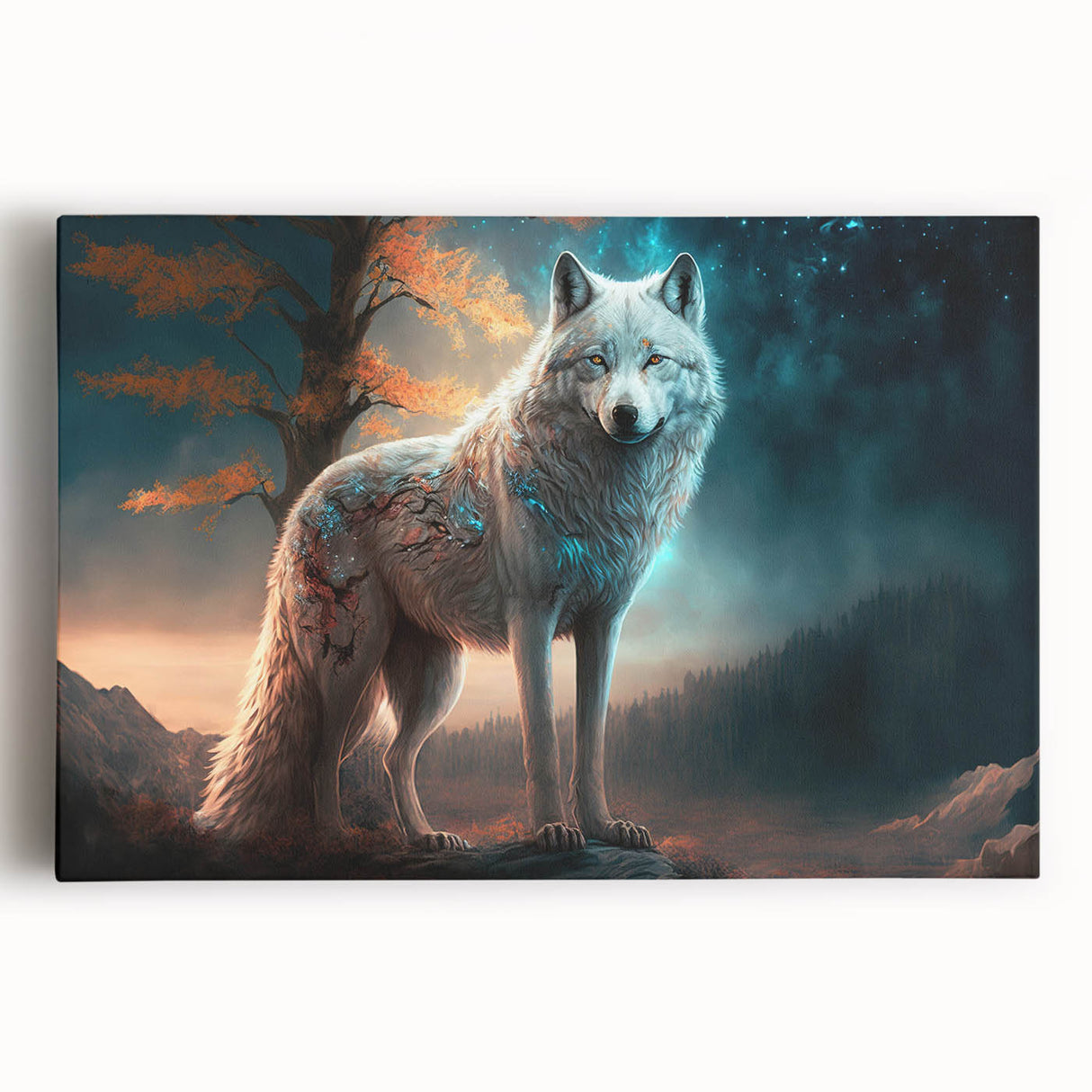 Stretched canvas wall art showcasing a striking wolf design in vibrant colors, perfect for animal lovers and nature enthusiasts, adding a bold statement to any space.