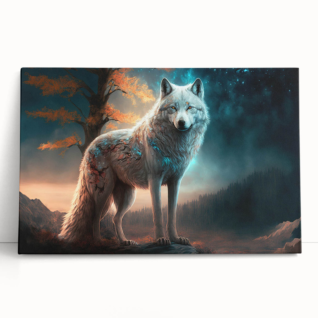 Stretched canvas wall art featuring a striking wolf design, showcasing intricate details and vibrant colors, perfect for wildlife enthusiasts and home decor.