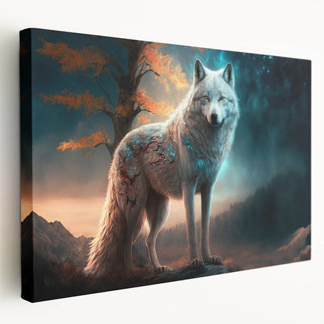 Stretched canvas wall art featuring a striking wolf design in a side view, showcasing intricate details and vibrant colors, perfect for wildlife enthusiasts' decor.