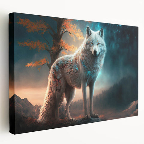 Stretched canvas wall art featuring a striking wolf design in a side view, showcasing intricate details and vibrant colors, perfect for wildlife enthusiasts' decor.