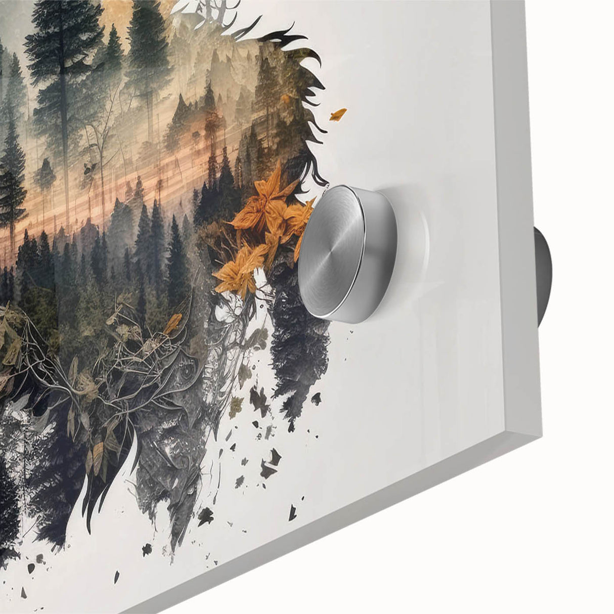 Close-up of a striking acrylic glass wall art piece featuring a wild wolf design, showcasing intricate details and vibrant colors, ideal for wildlife enthusiasts.