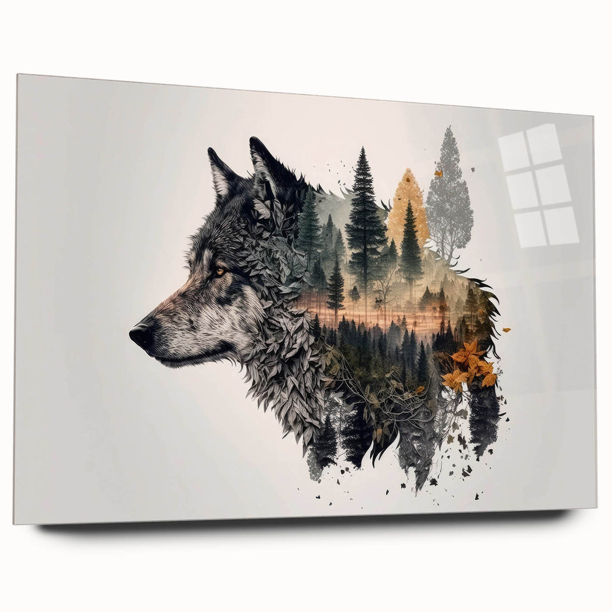 Acrylic wall art featuring a striking wolf design in a side view, showcasing intricate details and vibrant colors, perfect for wildlife enthusiasts and modern decor.