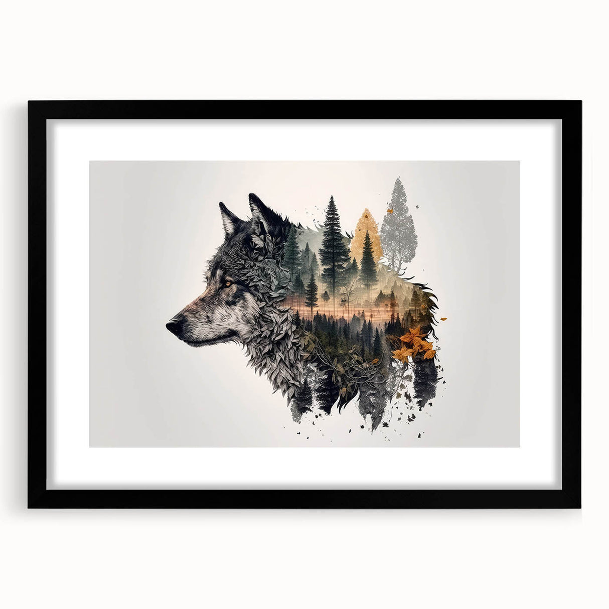 Framed wall art featuring a striking black and white wolf design, showcasing intricate details and textures, perfect for animal lovers and modern decor.