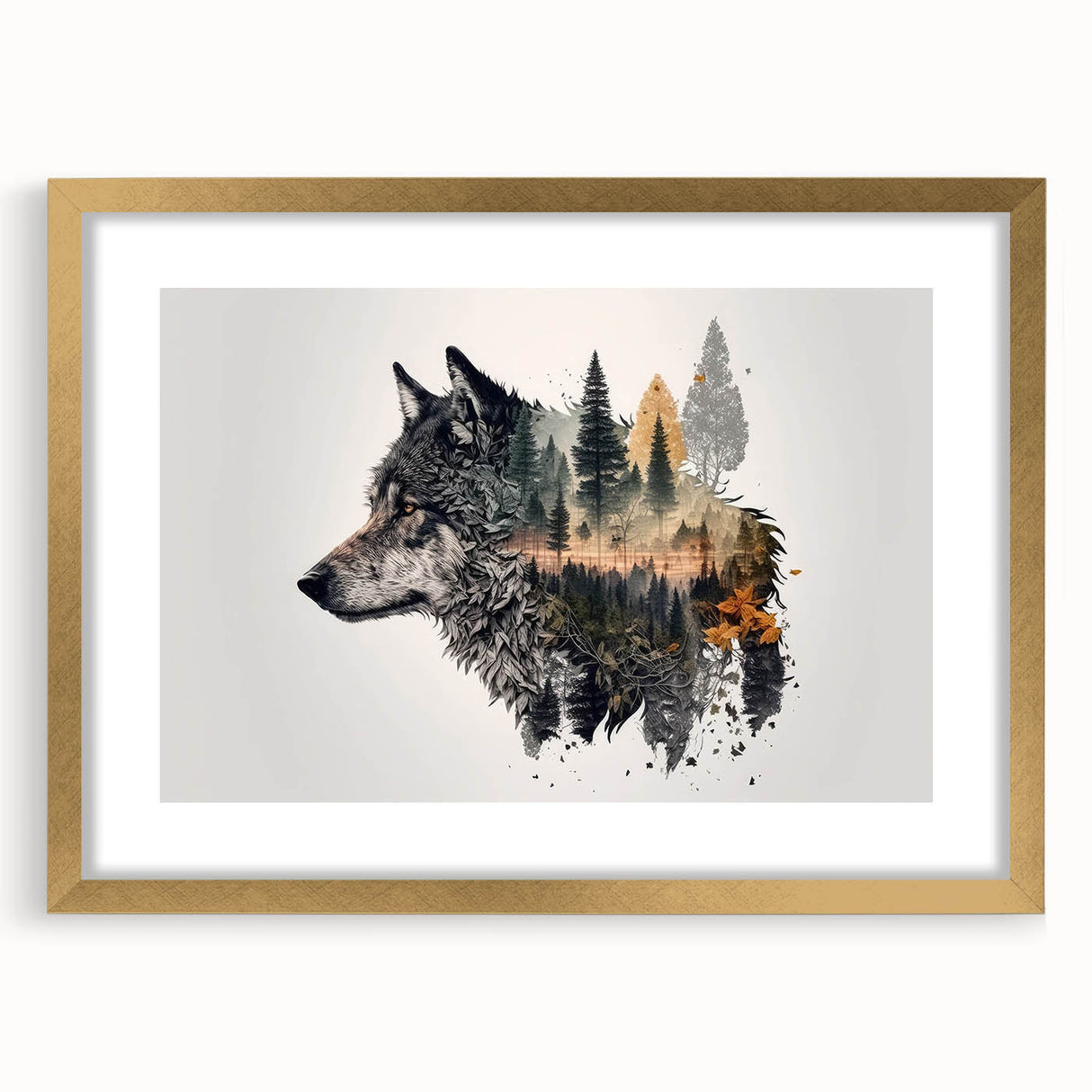Framed wall art featuring a majestic wolf design in a gold frame with a mat, showcasing intricate details and wildlife aesthetics, perfect for nature lovers.