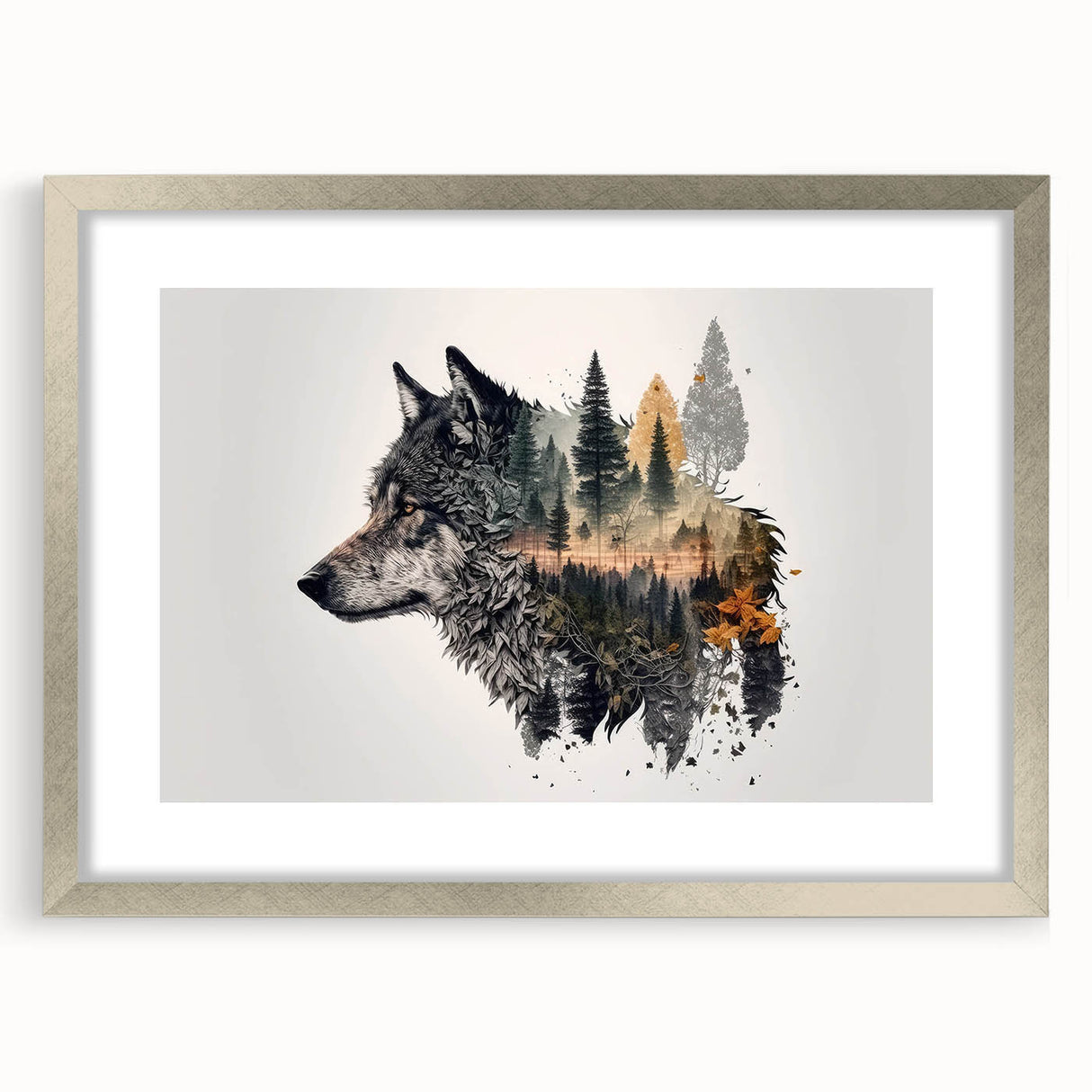 Framed wall art featuring a striking wolf design in a silver frame, showcasing intricate details and vibrant colors, perfect for wildlife enthusiasts.
