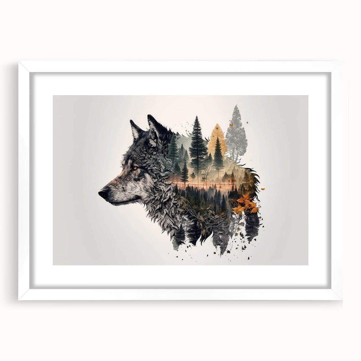 Framed wall art featuring a striking wolf design, showcasing intricate details and vibrant colors, set against a white mat and frame, ideal for animal lovers.