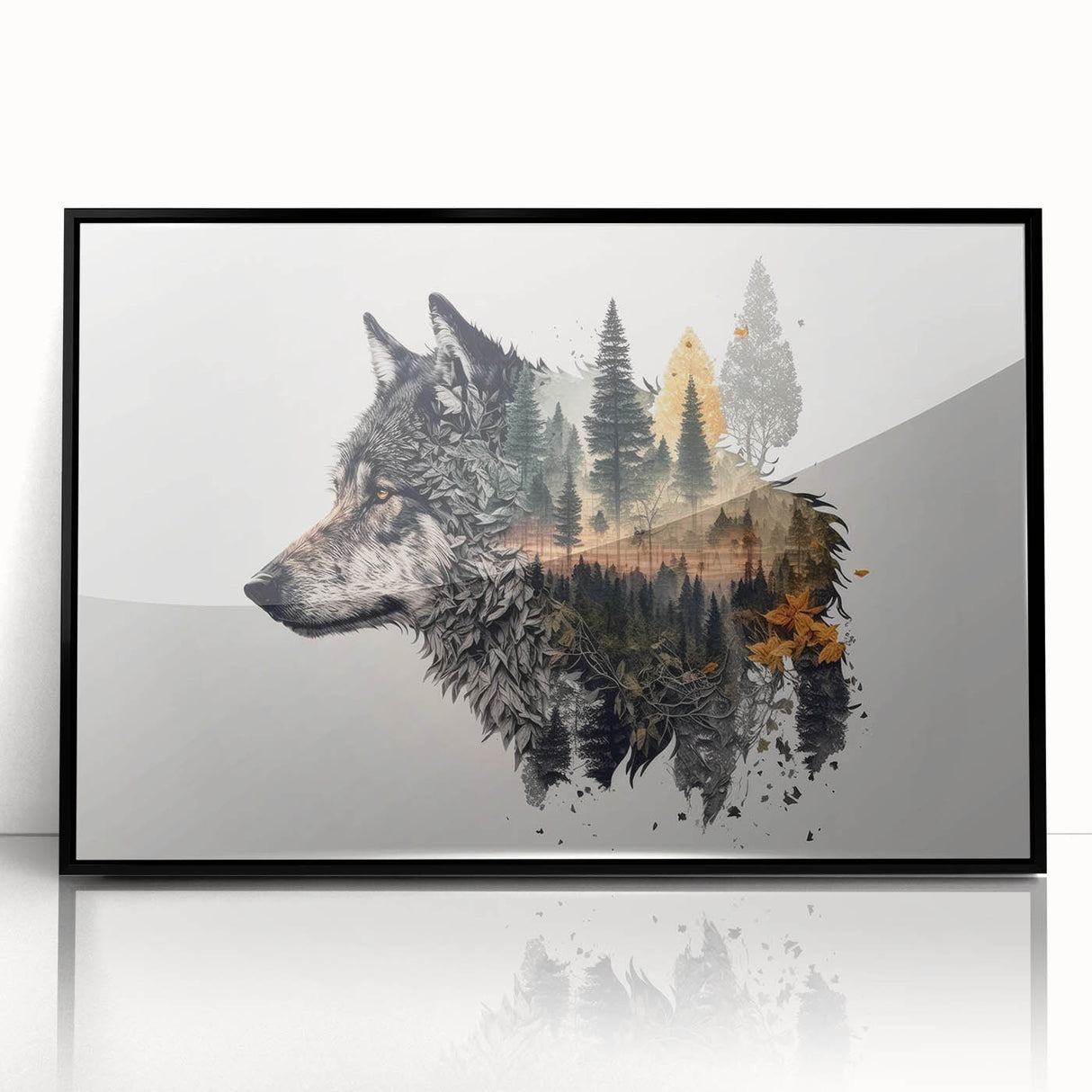 Framed acrylic wall art featuring a striking wolf design, showcasing detailed fur textures and a dramatic black frame, perfect for animal lovers and home decor enthusiasts.