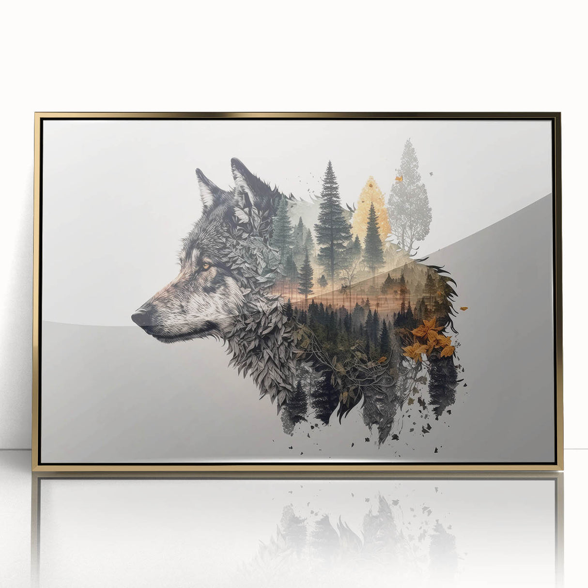 Framed wall art featuring a striking wolf design, showcasing intricate details with a gold-acrylic finish, ideal for wildlife enthusiasts and modern decor.
