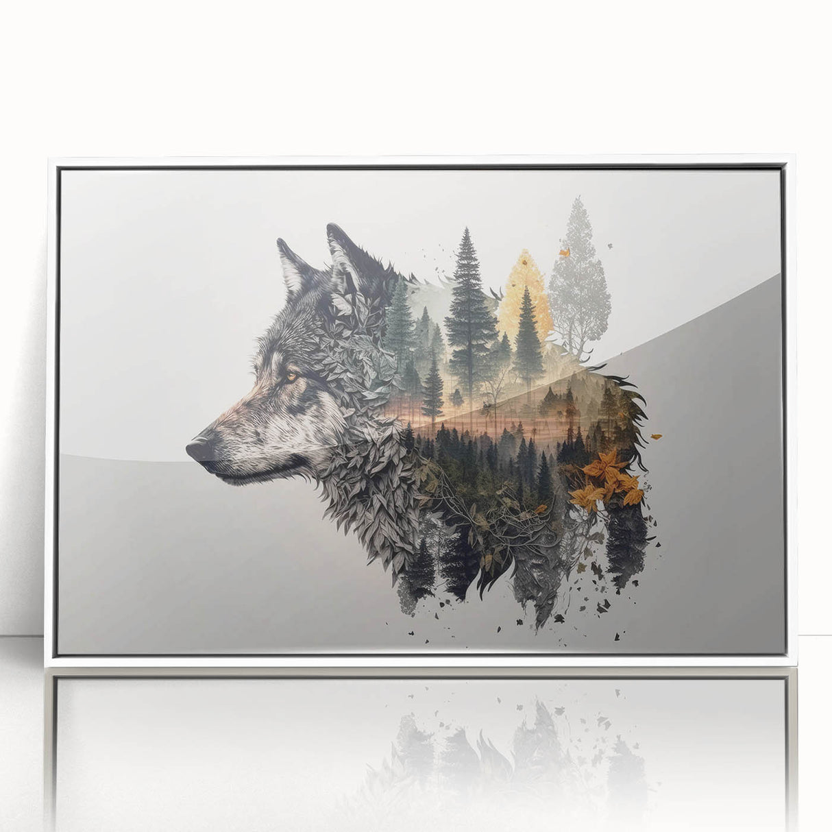 Framed wall art featuring a striking wolf design from the Animals A Wild Life collection, showcasing intricate details and a sleek white frame, perfect for nature enthusiasts.