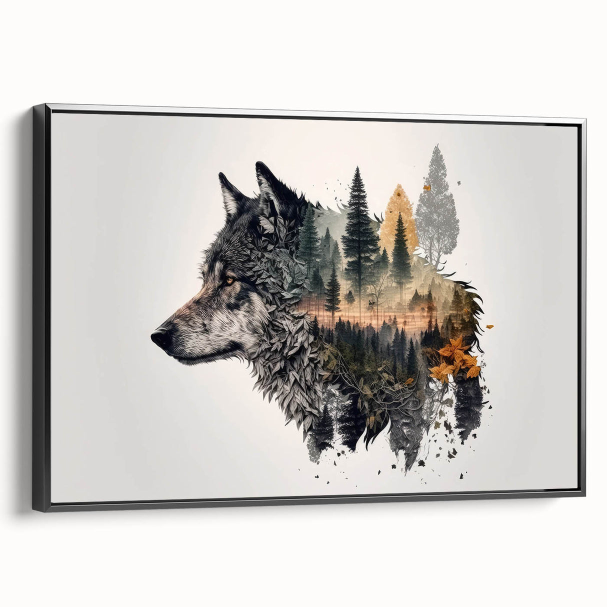 Framed canvas wall art featuring a striking wolf design in a black frame, showcasing intricate details and a modern aesthetic, perfect for animal lovers and home decoration.