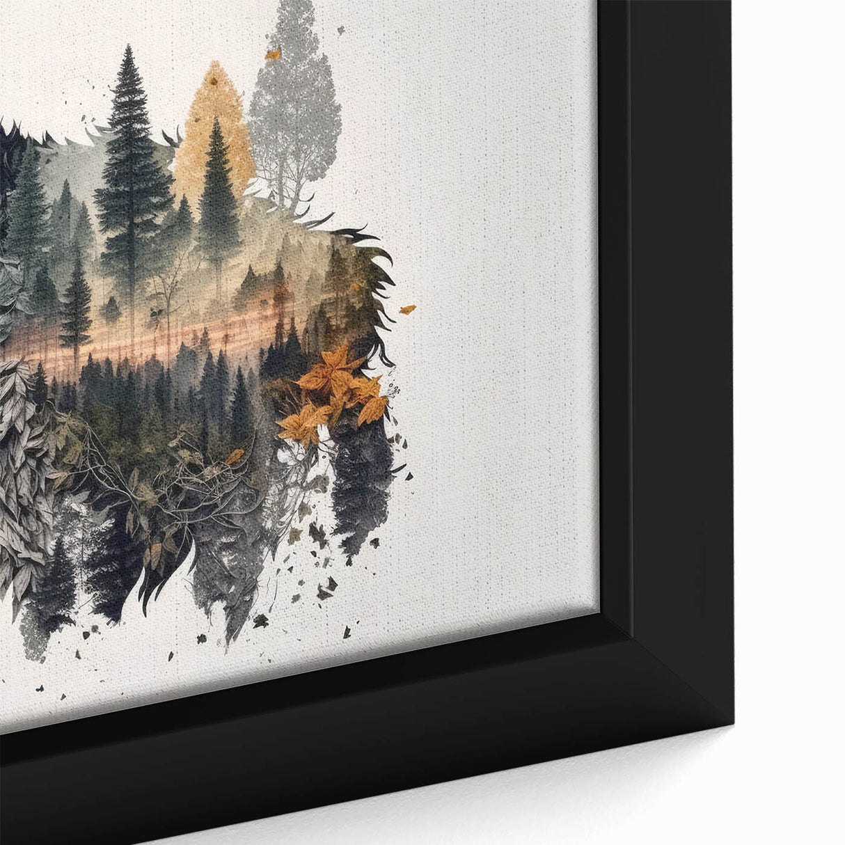Close-up view of a framed canvas wall art featuring a striking wolf design, showcasing intricate details and vibrant colors, perfect for wildlife enthusiasts and modern decor.