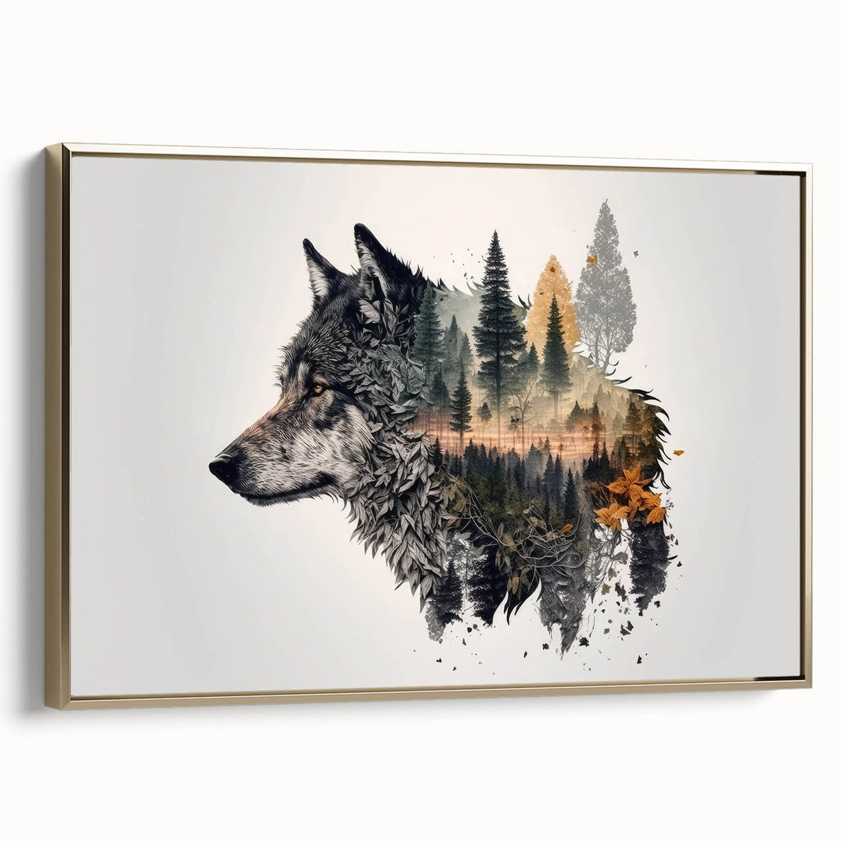Framed wall art featuring a striking gold and black wolf design on canvas, showcasing intricate details and a modern aesthetic, perfect for animal lovers' decor.