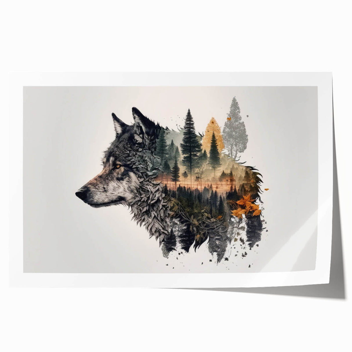 Artistic rolled print showcasing a striking wolf design, featuring detailed fur textures and vibrant colors, perfect for wildlife-themed decor and nature lovers.