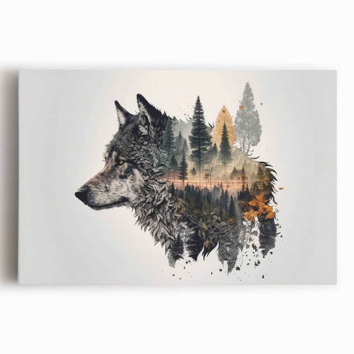 Stretched canvas wall art featuring a striking wolf design in a natural setting, showcasing detailed fur textures and vivid colors for home decor enthusiasts.