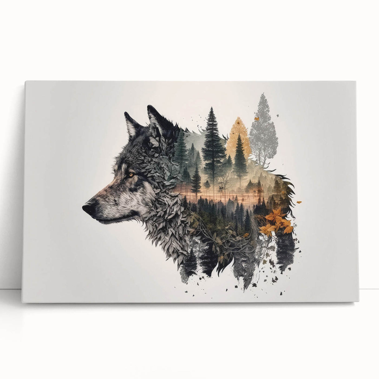 Stretched canvas wall art featuring a striking wolf design, showcasing intricate details and a vibrant color palette, perfect for wildlife enthusiasts and modern decor.