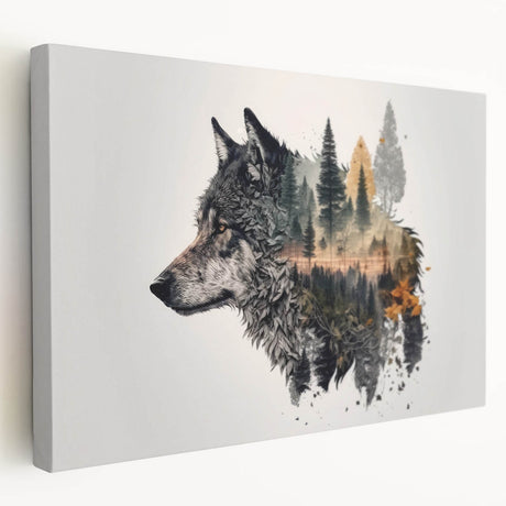 Stretched canvas wall art featuring a striking wolf design, showcasing intricate details in shades of gray and white, ideal for wildlife enthusiasts and home decor.