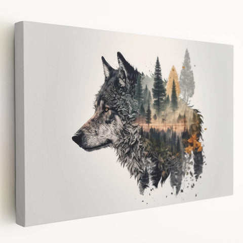 Stretched canvas wall art featuring a striking wolf design, showcasing intricate details in shades of gray and white, ideal for wildlife enthusiasts and home decor.
