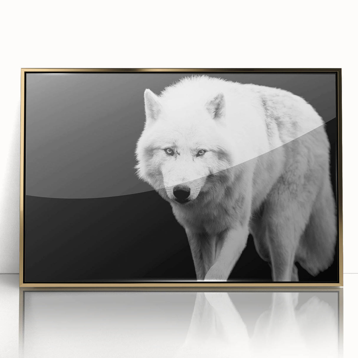 Framed wall art featuring a striking wolf design in a gold-acrylic finish, showcasing intricate details and vivid colors, perfect for nature enthusiasts and home decor.