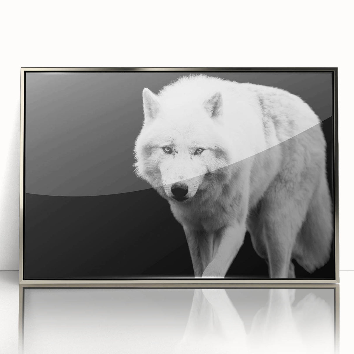 Framed wall art featuring a striking wolf design in a vibrant acrylic finish, showcasing intricate details and a contemporary silver frame, perfect for wildlife enthusiasts.