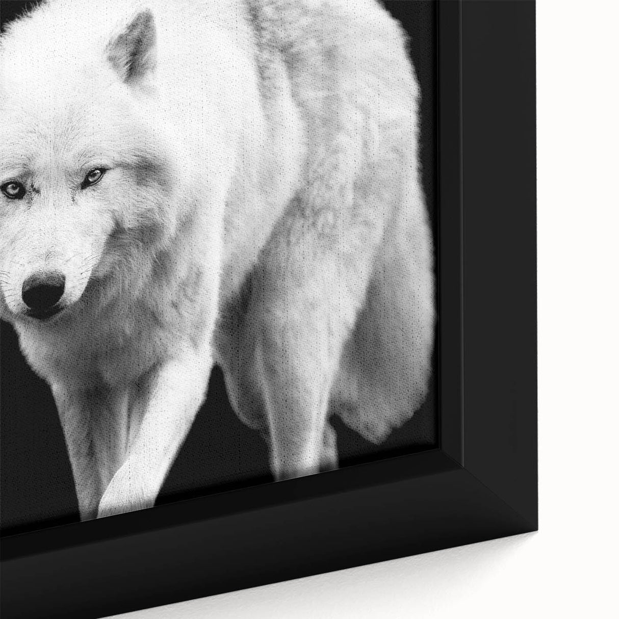 Close-up of a framed canvas wall art featuring a striking wolf design, showcasing intricate details and vibrant colors, perfect for animal lovers and home decor enthusiasts. This captivating piece adds a wild aesthetic to any space, enhancing the ambiance with its lifelike representation of wildlife.