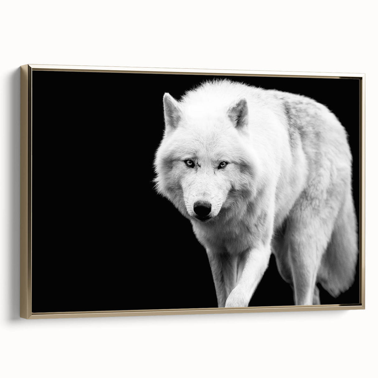 Framed canvas wall art showcasing a striking wolf design in gold accents, perfect for nature lovers and home decor enthusiasts. Ideal for adding a touch of wilderness to any space.