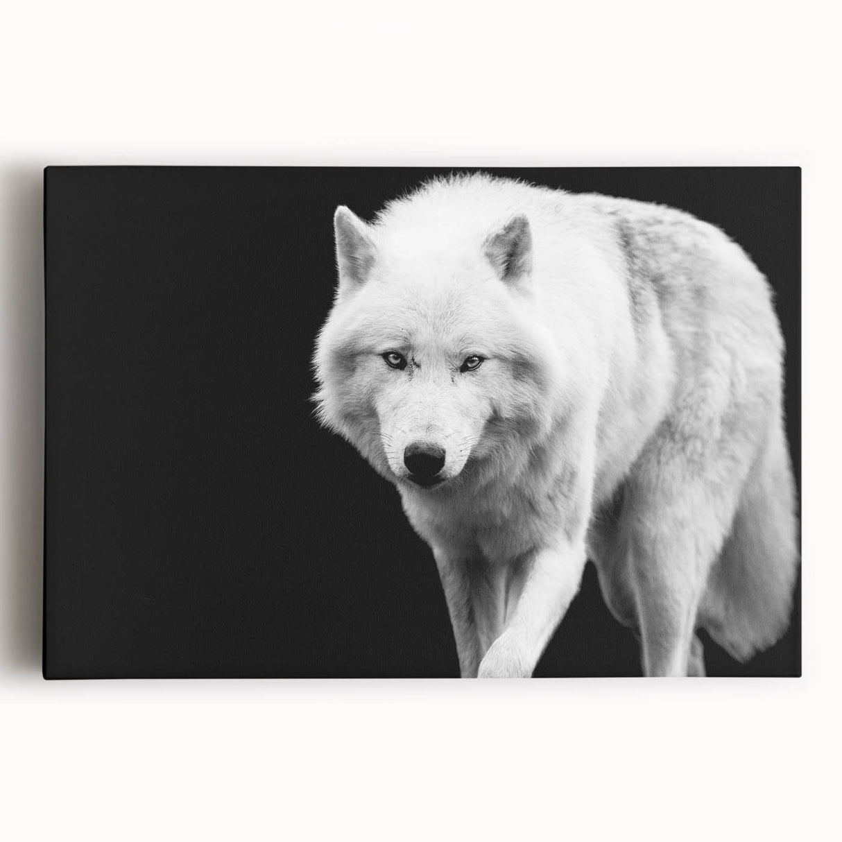 Stretched canvas wall art showcasing a striking wolf design with intricate details and vibrant colors, perfect for wildlife enthusiasts and home decor lovers.