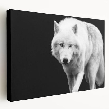 Stretched canvas wall art featuring a striking wolf design in a natural setting, showcasing detailed fur texture and vibrant colors, perfect for wildlife enthusiasts.