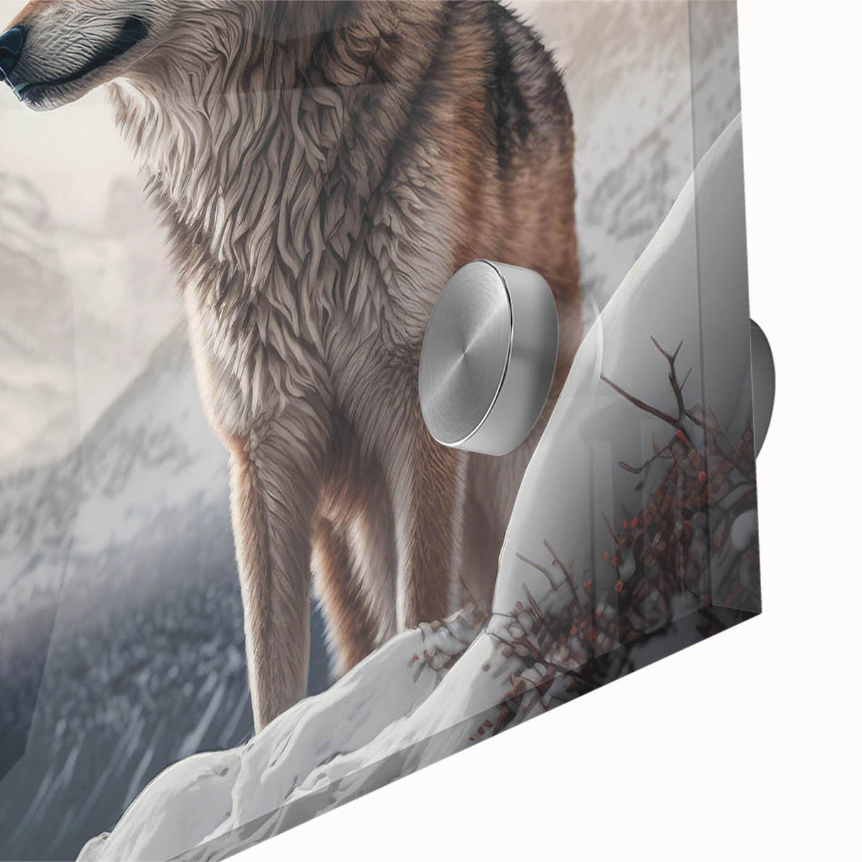 Close-up of a striking acrylic wall art piece featuring a wolf design, showcasing intricate details and vibrant colors, perfect for wildlife enthusiasts' decor.