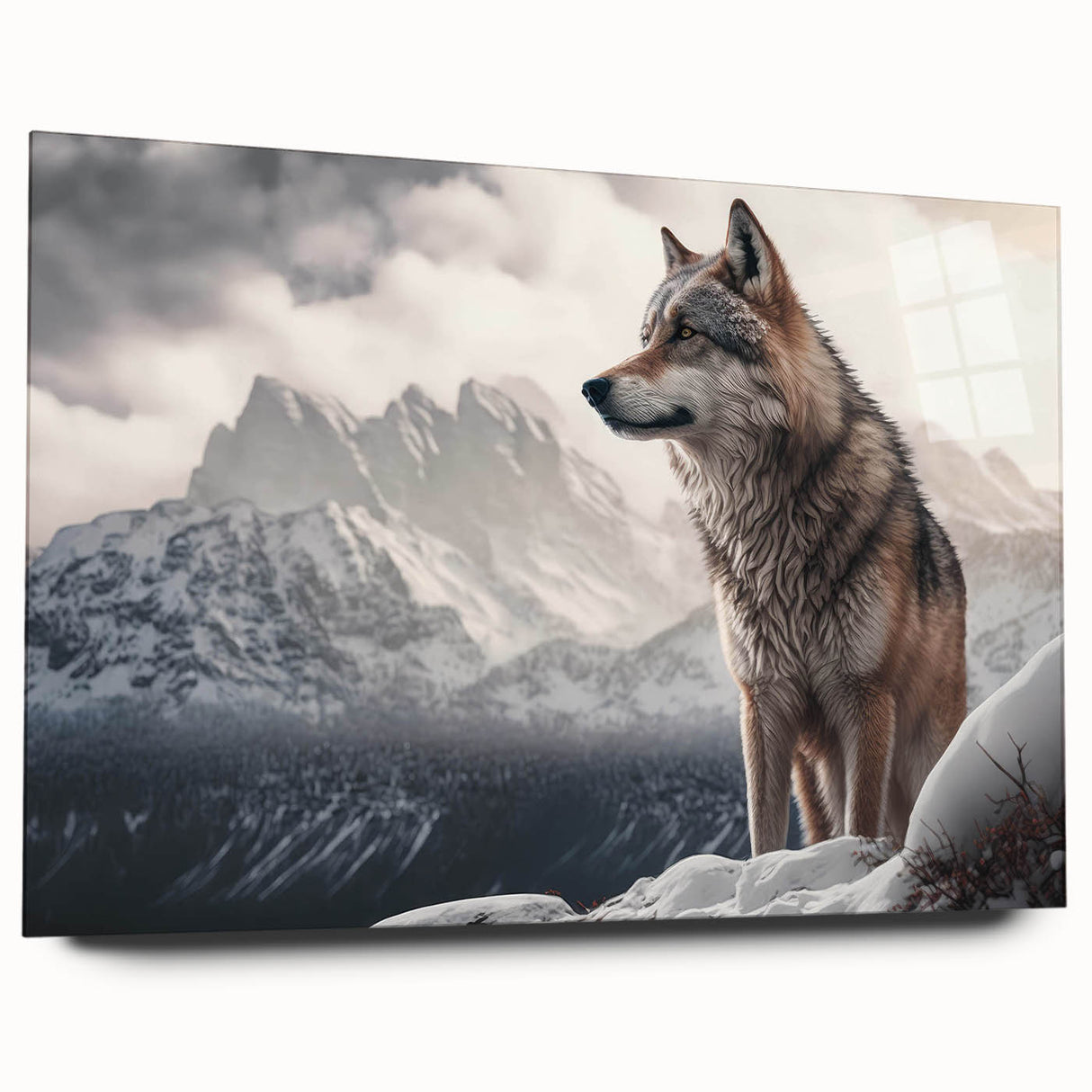 Acrylic wall art featuring a striking side view of a wolf design, showcasing intricate details and vibrant colors, perfect for wildlife enthusiasts and modern decor. Ideal for enhancing living spaces with nature-inspired themes while providing a captivating focal point.