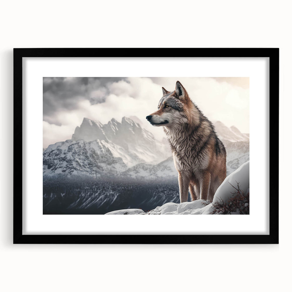 Framed wall art collection showcasing a striking black and white wolf design, featuring a sleek black frame and mat, perfect for wildlife enthusiasts and modern decor.