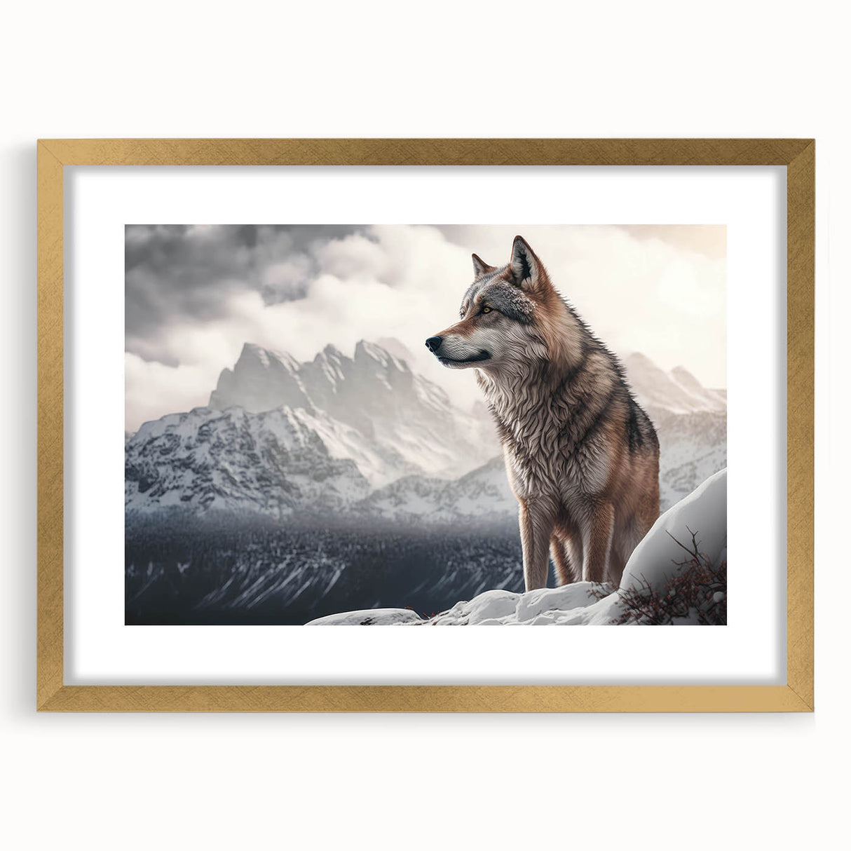 Framed wolf wall art showcasing a striking wildlife design with a gold mat, perfect for nature enthusiasts and home decor lovers, highlighting the beauty of the wilderness.