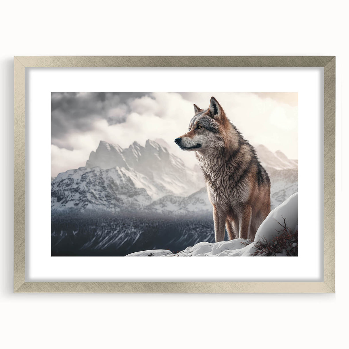 Framed wall art collection showcasing a stunning wolf design in a silver frame with a mat, perfect for wildlife enthusiasts and home decor lovers.