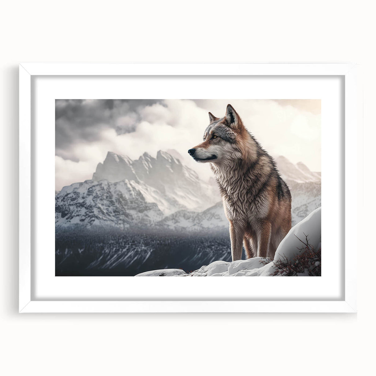 Framed wall art collection showcasing a striking wolf design, featuring a white mat and sleek frame, ideal for wildlife enthusiasts and modern decor.