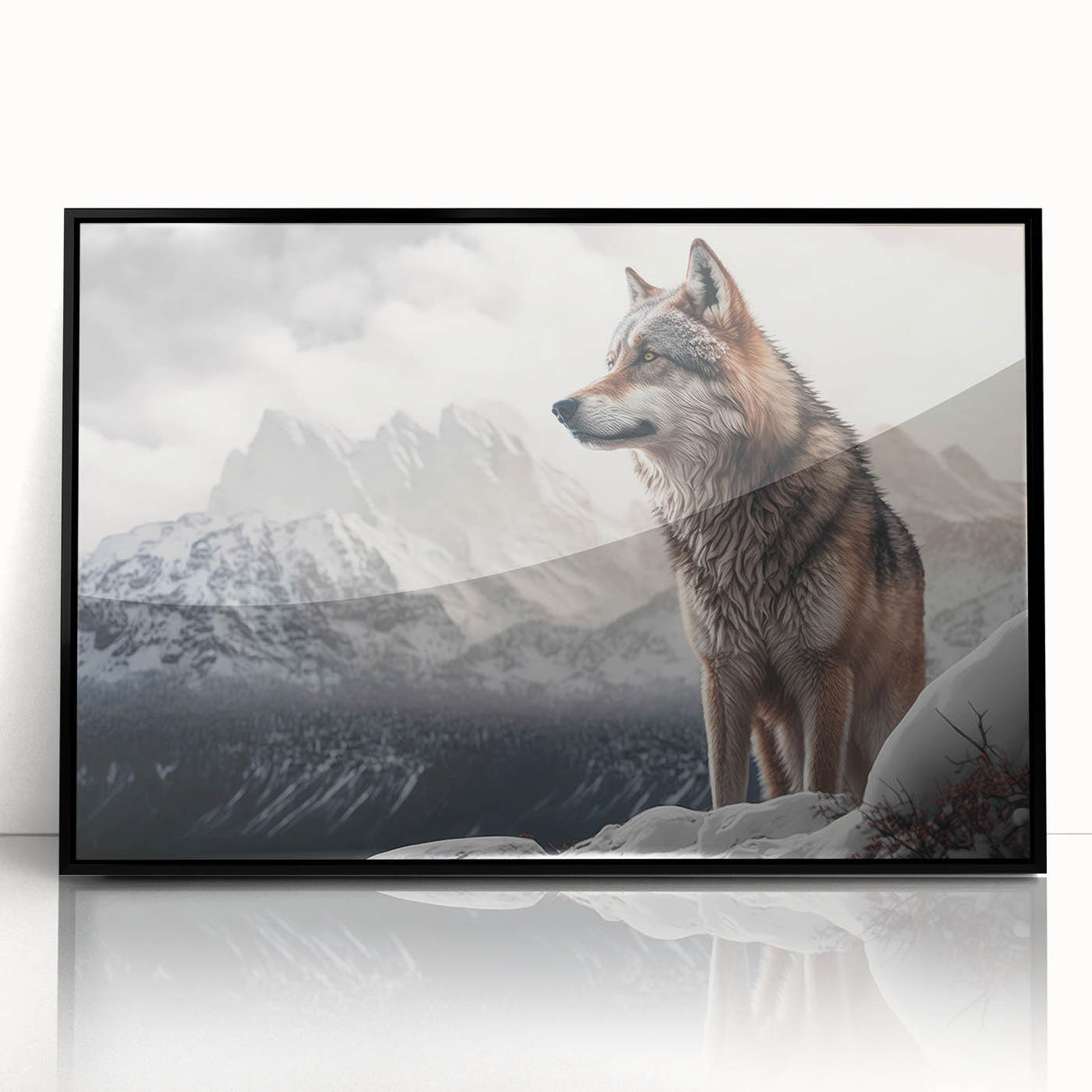 Framed acrylic wall art featuring a striking wolf design, showcasing intricate details and a bold black frame, perfect for wildlife enthusiasts and modern decor.