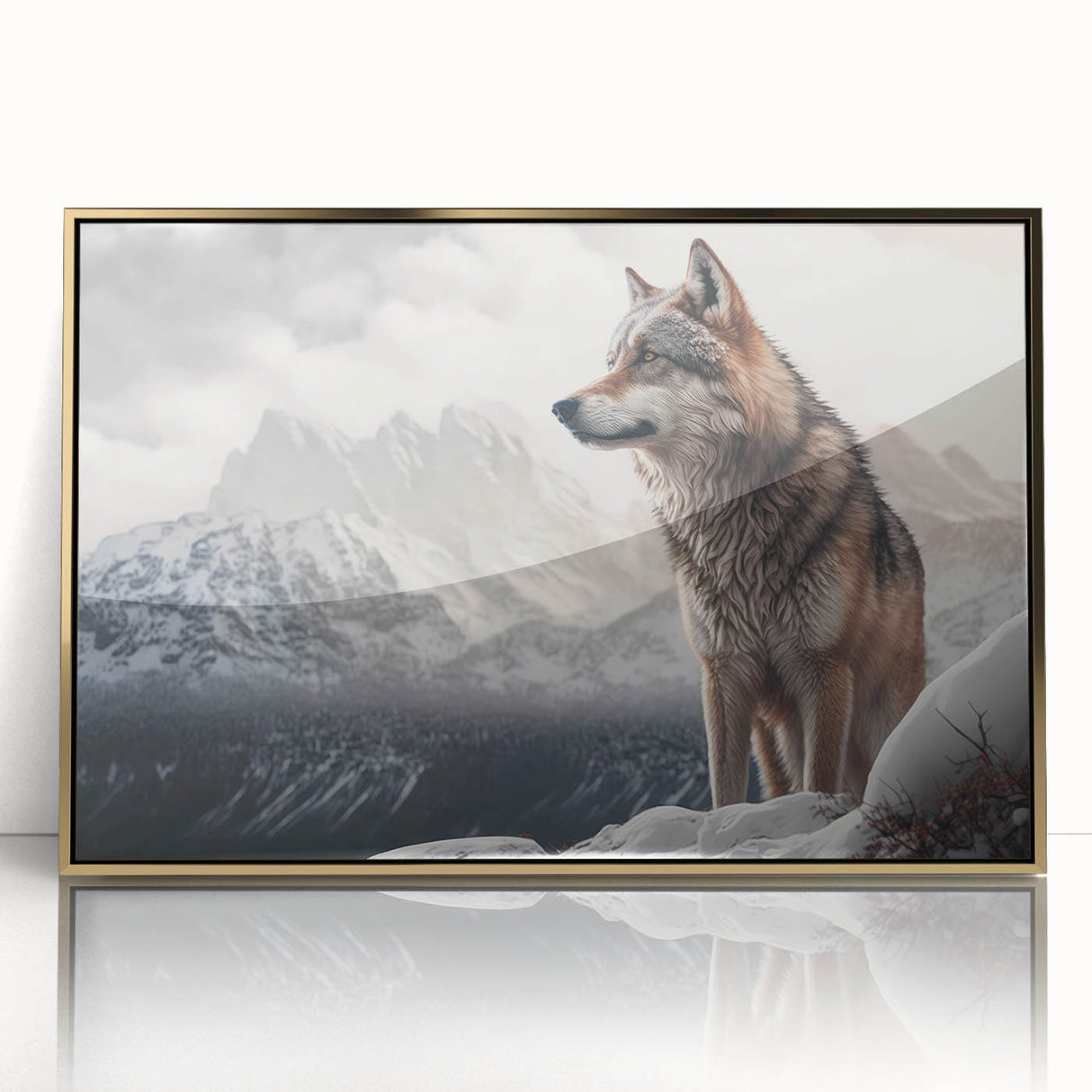 Framed wall art featuring a striking wolf design in acrylic with a gold frame, showcasing a wild animal theme perfect for nature enthusiasts and home decor.