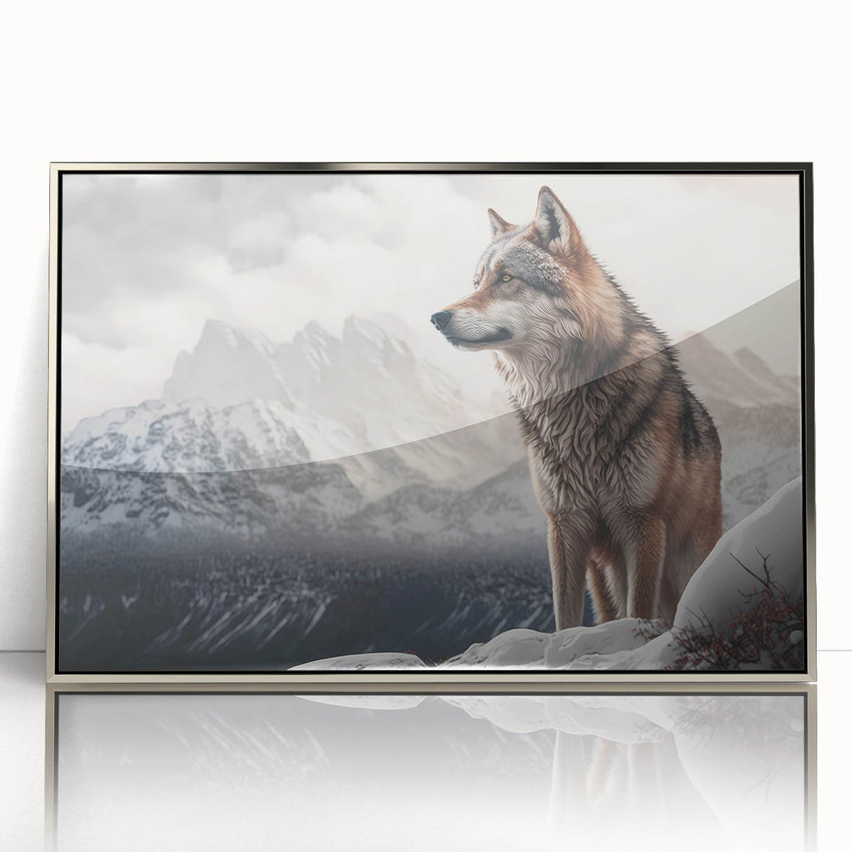 Framed acrylic wall art featuring a striking wolf design with intricate details, set in a sleek silver frame, perfect for nature lovers and home decor enthusiasts.