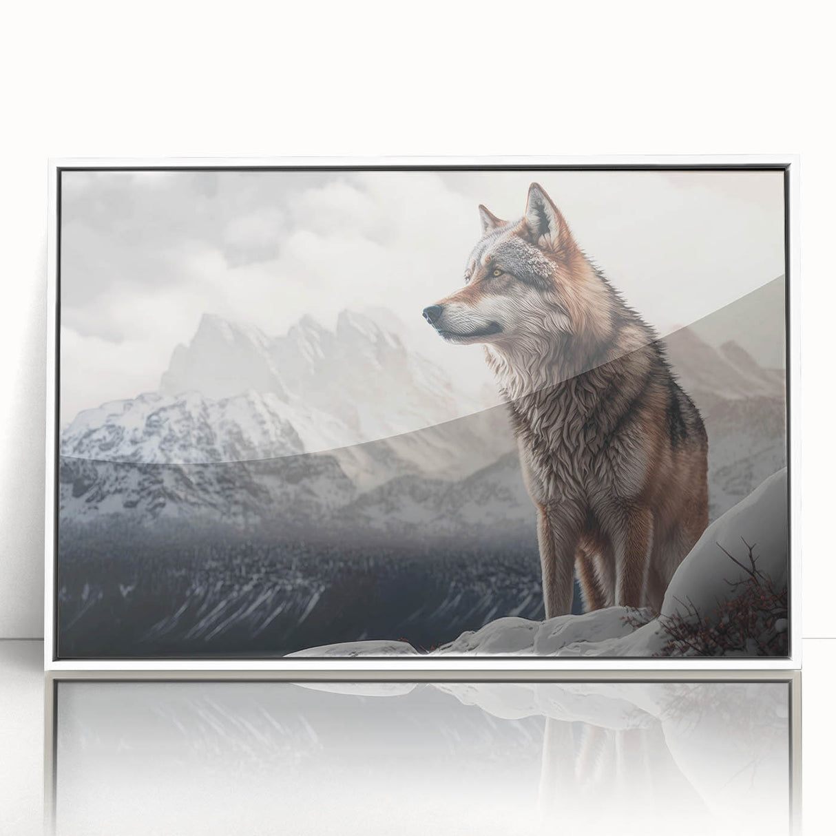 Framed wall art featuring a striking wolf design in a wild life theme, presented in a sleek white frame, perfect for nature and animal lovers' decor.