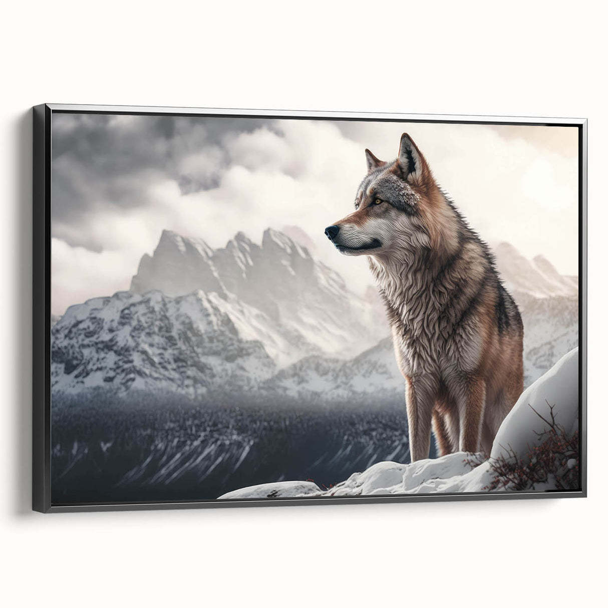 Framed canvas wall art featuring a striking wolf design in a black frame, showcasing detailed fur textures and a dynamic pose, perfect for animal lovers and home decor enthusiasts.