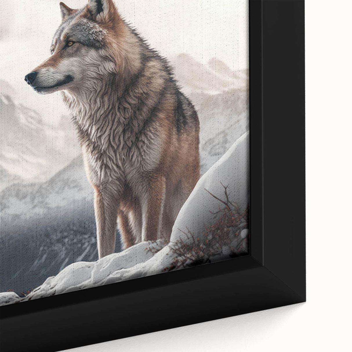 Close-up of a framed canvas wall art featuring a striking wolf design, showcasing intricate details and vibrant colors, perfect for wildlife enthusiasts’ decor.