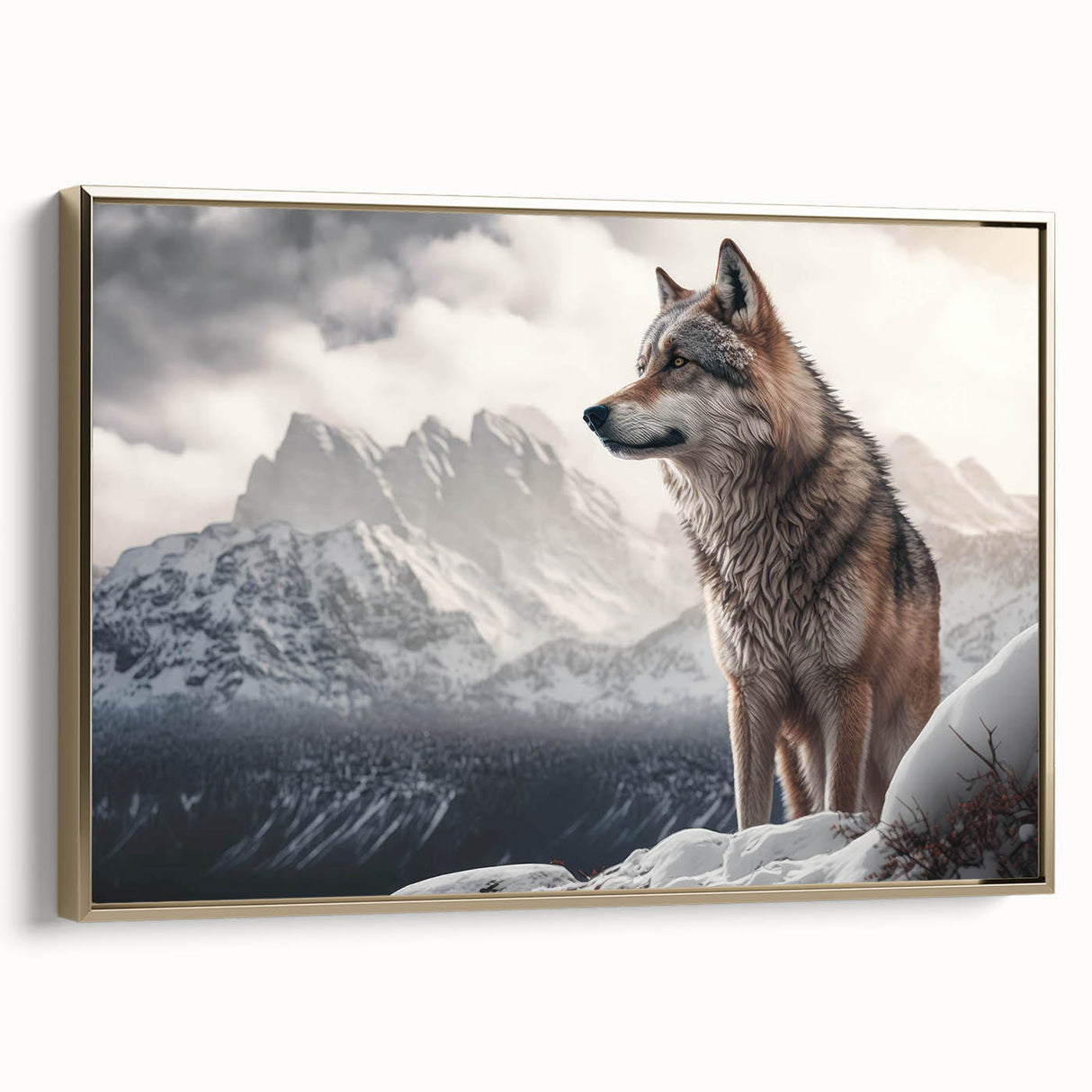 Framed canvas wall art showcasing a stunning wolf design in gold tones, elegantly displayed in a modern setting, perfect for animal lovers and home decor enthusiasts.