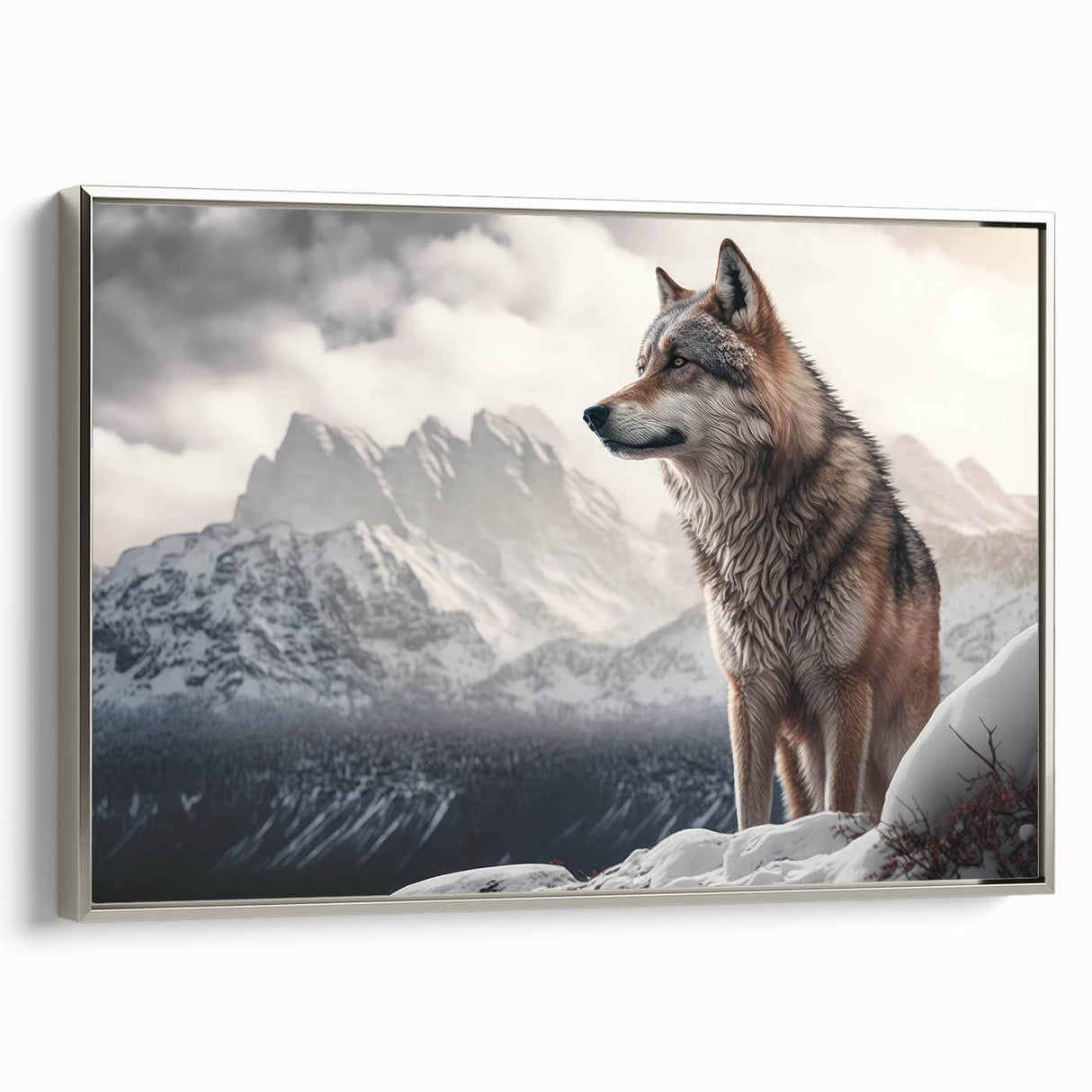 Framed wall art featuring a striking silver side profile of a wolf, showcasing intricate details and vibrant colors, ideal for animal lovers and home decor enthusiasts.