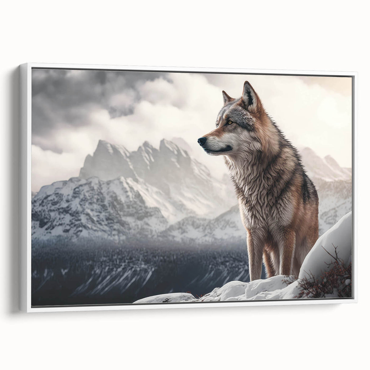 Framed canvas wall art showcasing a striking wolf design in a white frame, perfect for wildlife enthusiasts and modern home decor, featuring vivid colors and intricate details.