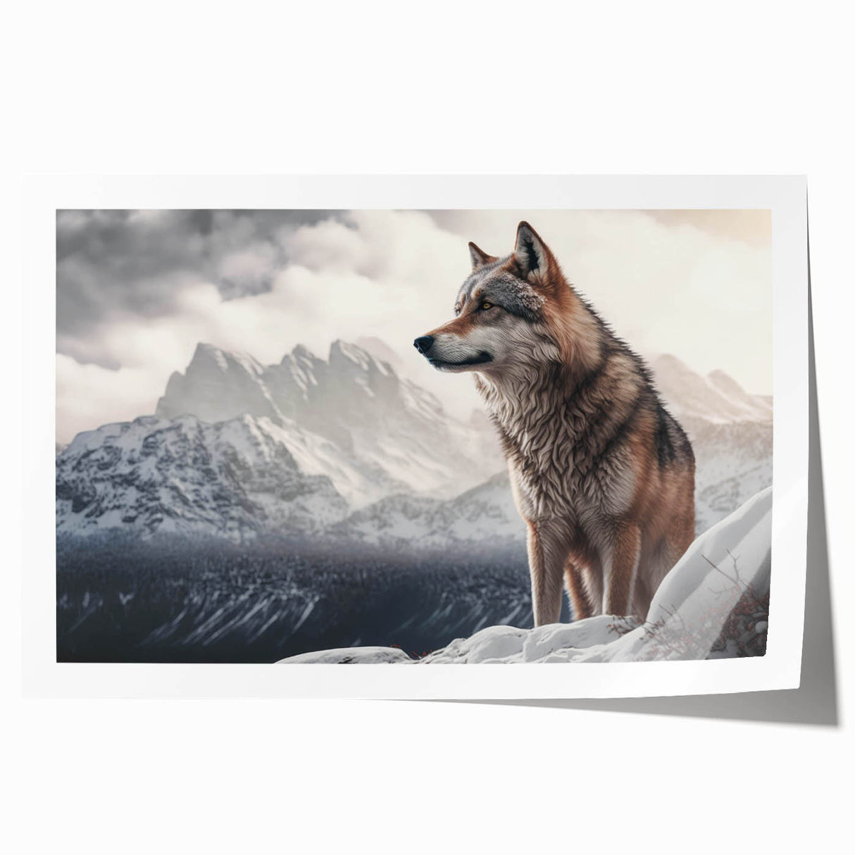 Wolf-themed wall art design featuring a striking, monochromatic illustration of a wolf howling against a vibrant sunset backdrop. Ideal for wildlife enthusiasts and home decor.
